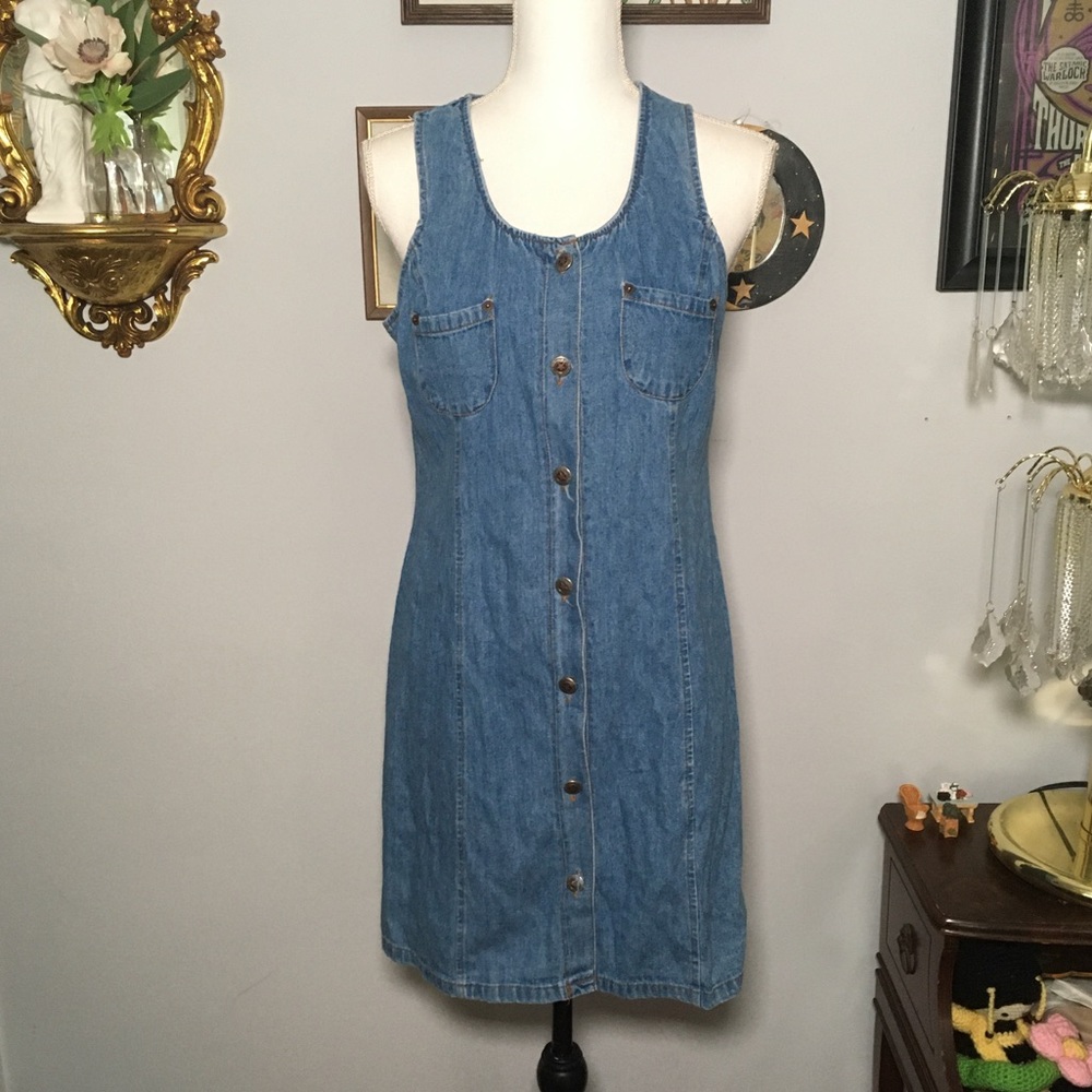 90s Vintage Faded Glory Blue Denim Sleeveless Button Down Mini Dress M